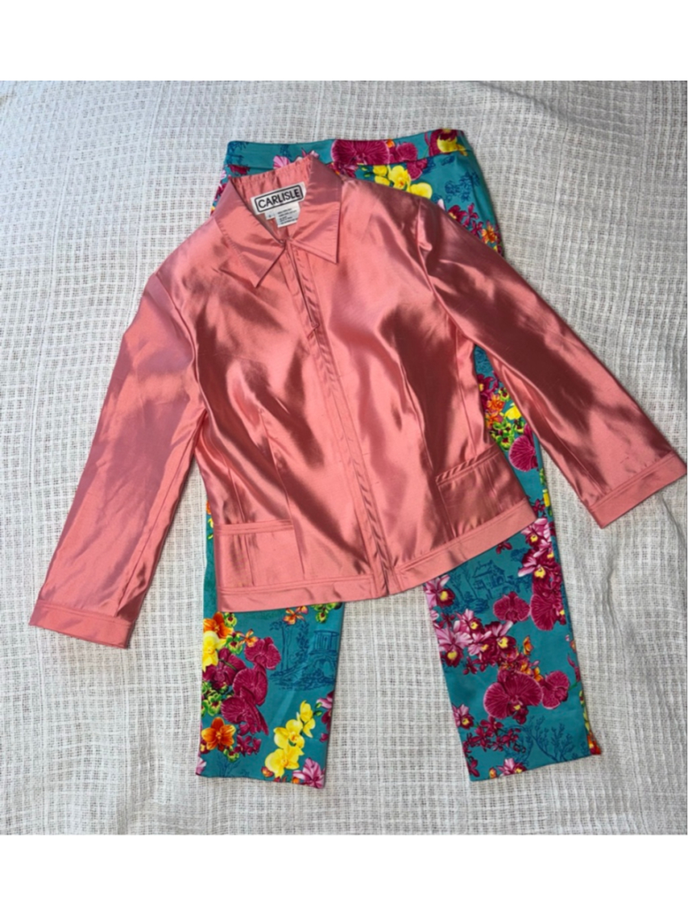 Carlisle Soft Pink 100% Silk Zip Up Jacket & Tropical Floral Aqua Pants